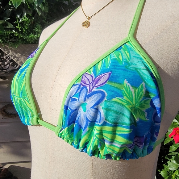 CHRISTINA ♡ Gorgeous 2pc Blue 'n Green Floral String Bikini Top Swimsuit XL - Picture 17 of 17